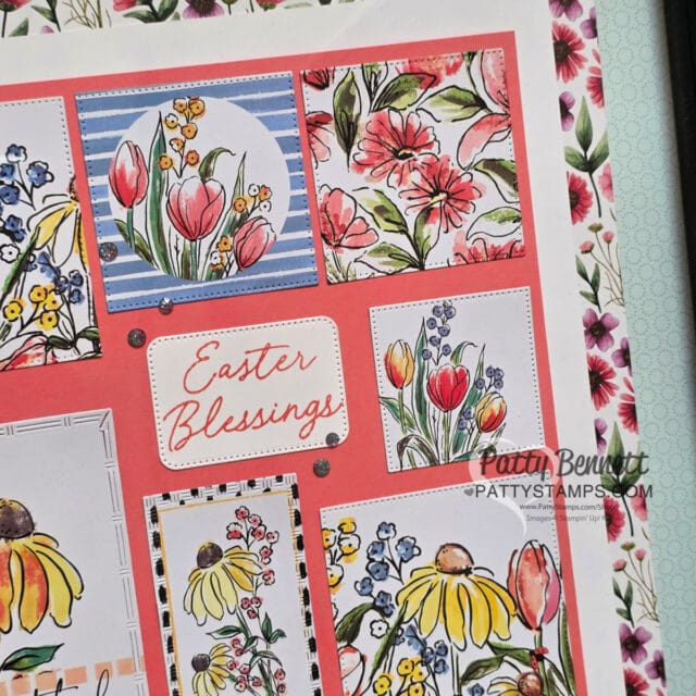 A collage of floral-themed stamps and patterns. Features tulips, daisies, and other flowers in various arrangements. One square reads "Easter Blessings" in script. The design includes a mix of vibrant colors like pink, red, yellow, and blue, with a floral border. To read more, visit Patty Stamps (pattystamps.com)