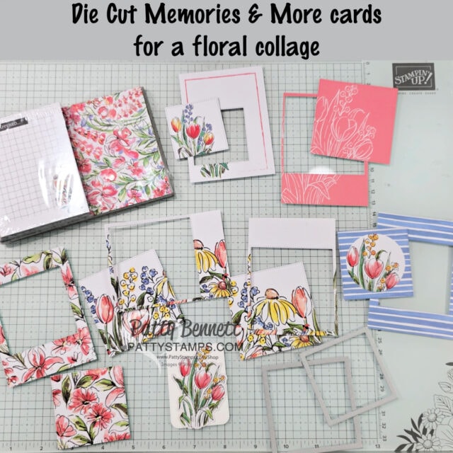 A collection of floral-themed Die Cut Memories & More cards are arranged on a grid background. The cards feature colorful flowers, including pink tulips and yellow daisies. Some cards have frames or cutouts, and nearby is a grid notebook. Text at the top reads "Die Cut Memories & More cards for a floral collage. To read more, visit Patty Stamps (pattystamps.com)