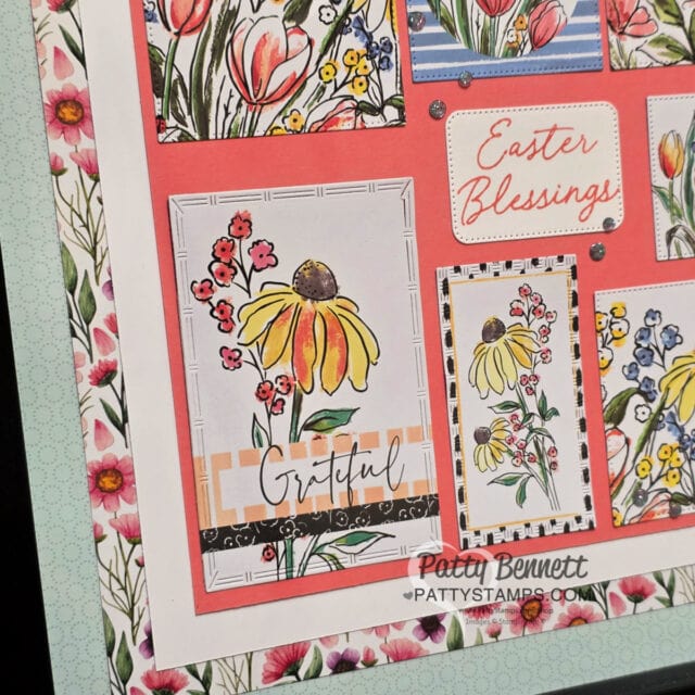 A floral-themed 12x12 collage page with the words "Easter Blessings" in pink script. It includes illustrated flowers such as yellow daisies and red tulips on bordered panels. The word "Grateful" appears on one panel. The page is embellished with floral borders and small rhinestones. To read more, visit Patty Stamps (pattystamps.com)