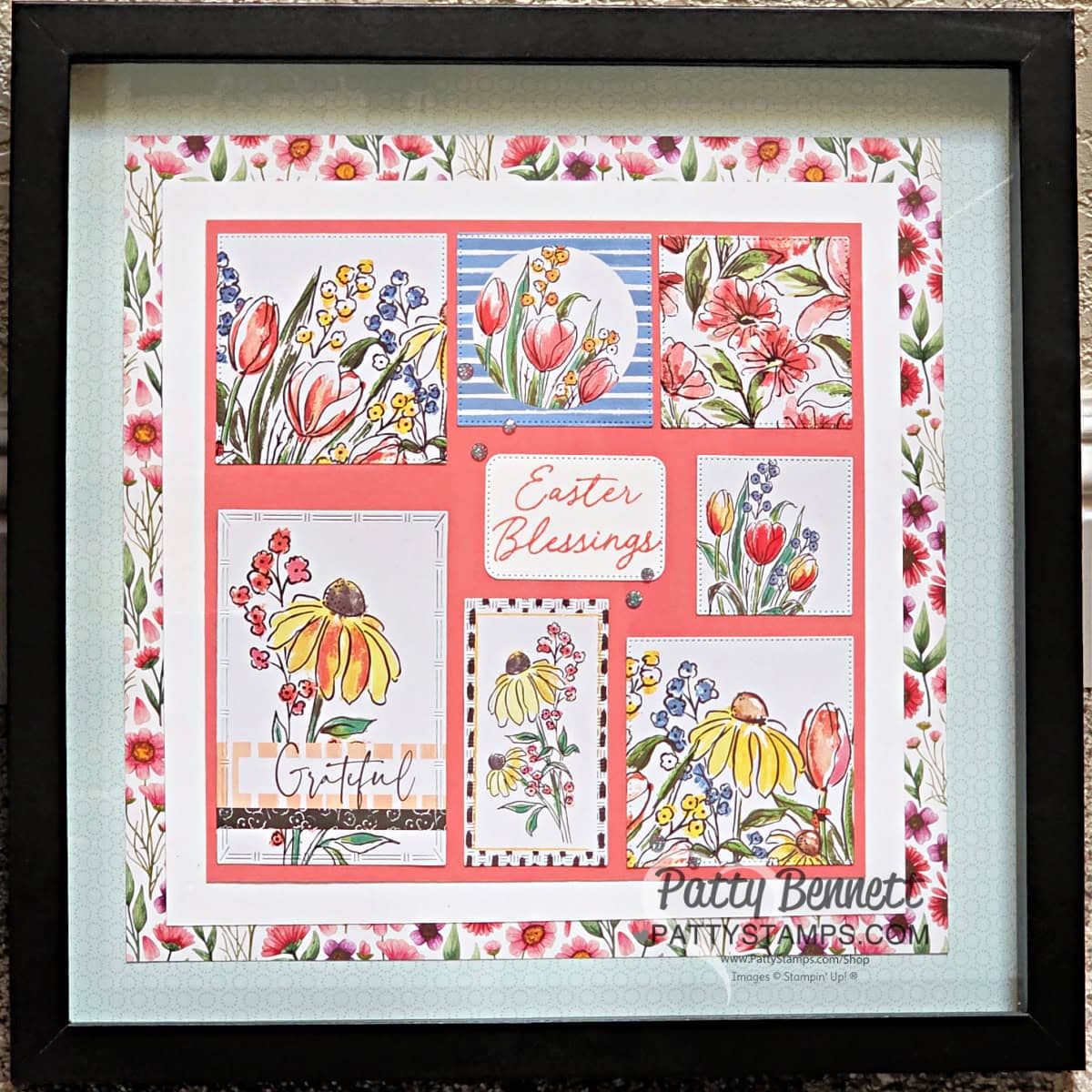 A framed collage featuring various floral illustrations and patterns, including tulips, daisies, and other flowers. The central text reads "Easter Blessings." The design combines pastel and vibrant colors with a floral border, creating an elegant and festive appearance. To read more, visit Patty Stamps (pattystamps.com)