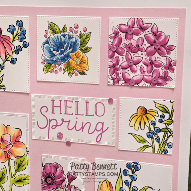 Stamped and die cut Stampin' Up! floral images for my 12x12 collage frame. Coloring with Stampin' Blends alcohol markers by Patty Bennett