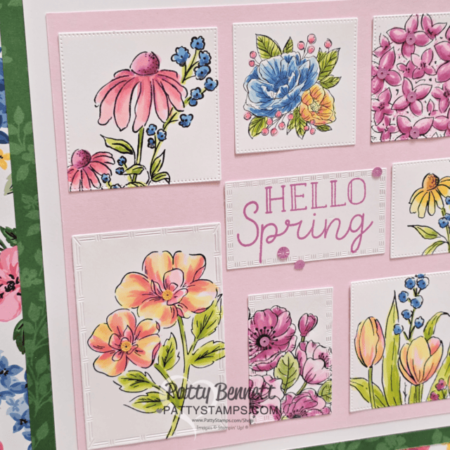 Stamped and die cut Stampin' Up! floral images for my 12x12 collage frame. Coloring with Stampin' Blends alcohol markers by Patty Bennett
