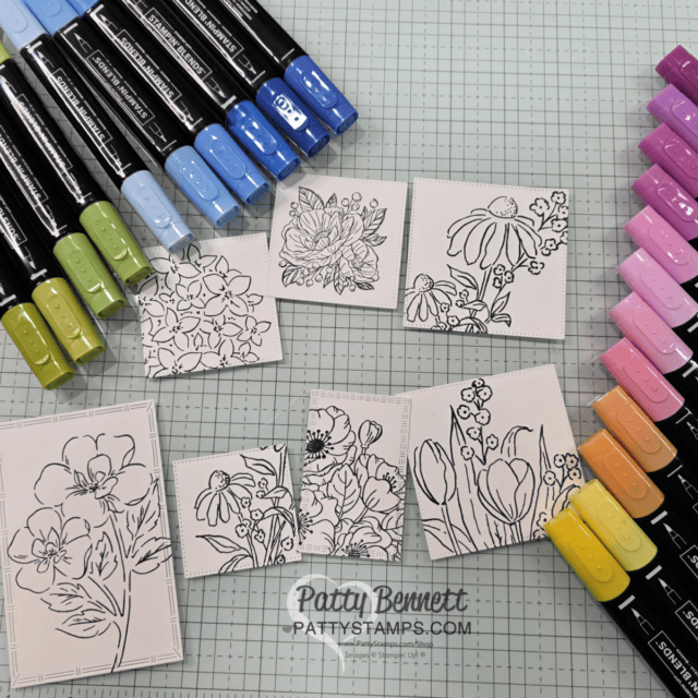 Stamped and die cut Stampin' Up! floral images for my 12x12 collage frame. Coloring with Stampin' Blends alcohol markers by Patty Bennett