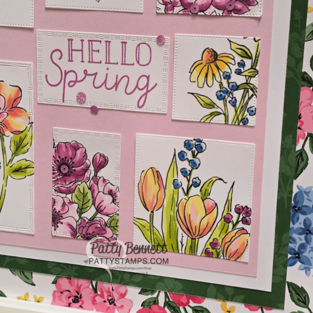 Stamped and die cut Stampin' Up! floral images for my 12x12 collage frame. Coloring with Stampin' Blends alcohol markers by Patty Bennett