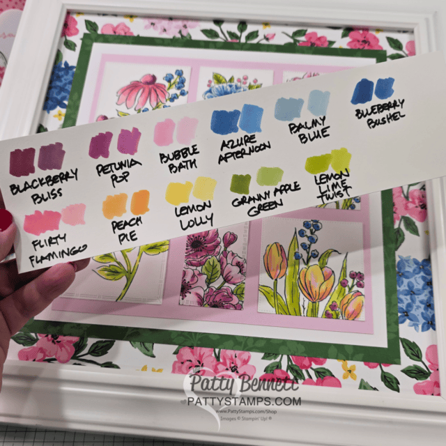 Stamped and die cut Stampin' Up! floral images for my 12x12 collage frame. Coloring with Stampin' Blends alcohol markers by Patty Bennett