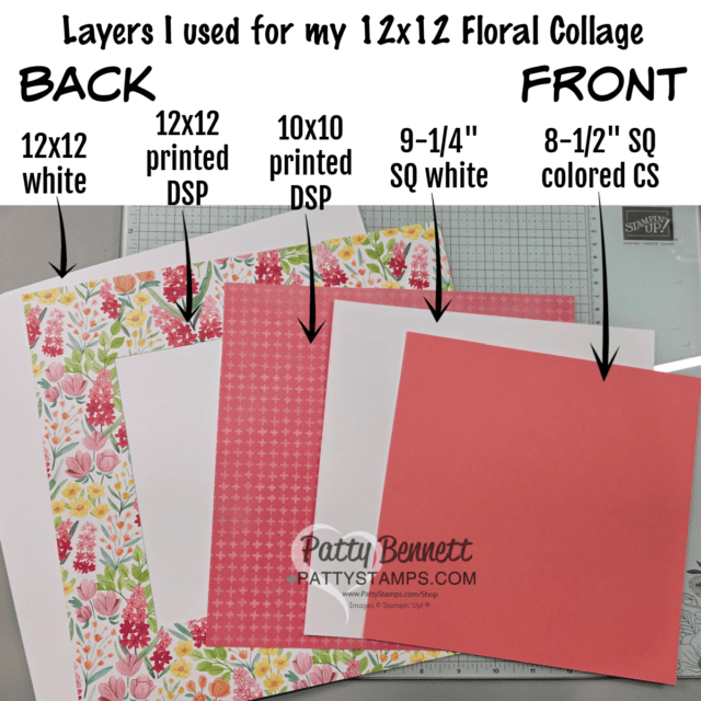 Layering sizes for Stampin' Up! MIxed Media floral 12x12 collage frame with Stampin' Blends marker coloring by Patty Bennett