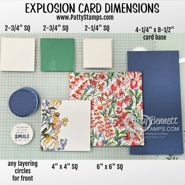 Papercrafting supplies and cutting dimensions for cardstock and patterned paper to make easy explosion cards. 