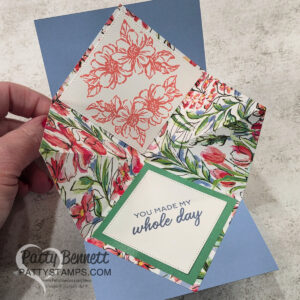 Inside of Stampin' Up! explosion card featuring 6x6 Mixed Media Florals paper, by Patty Bennett