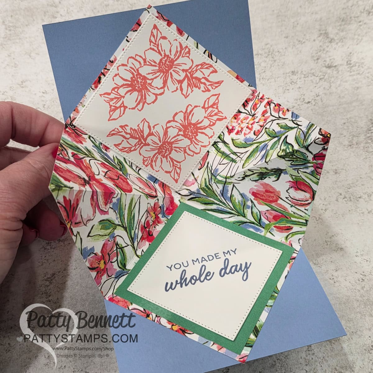 Inside of Stampin' Up! explosion card featuring 6x6 Mixed Media Florals paper, by Patty Bennett