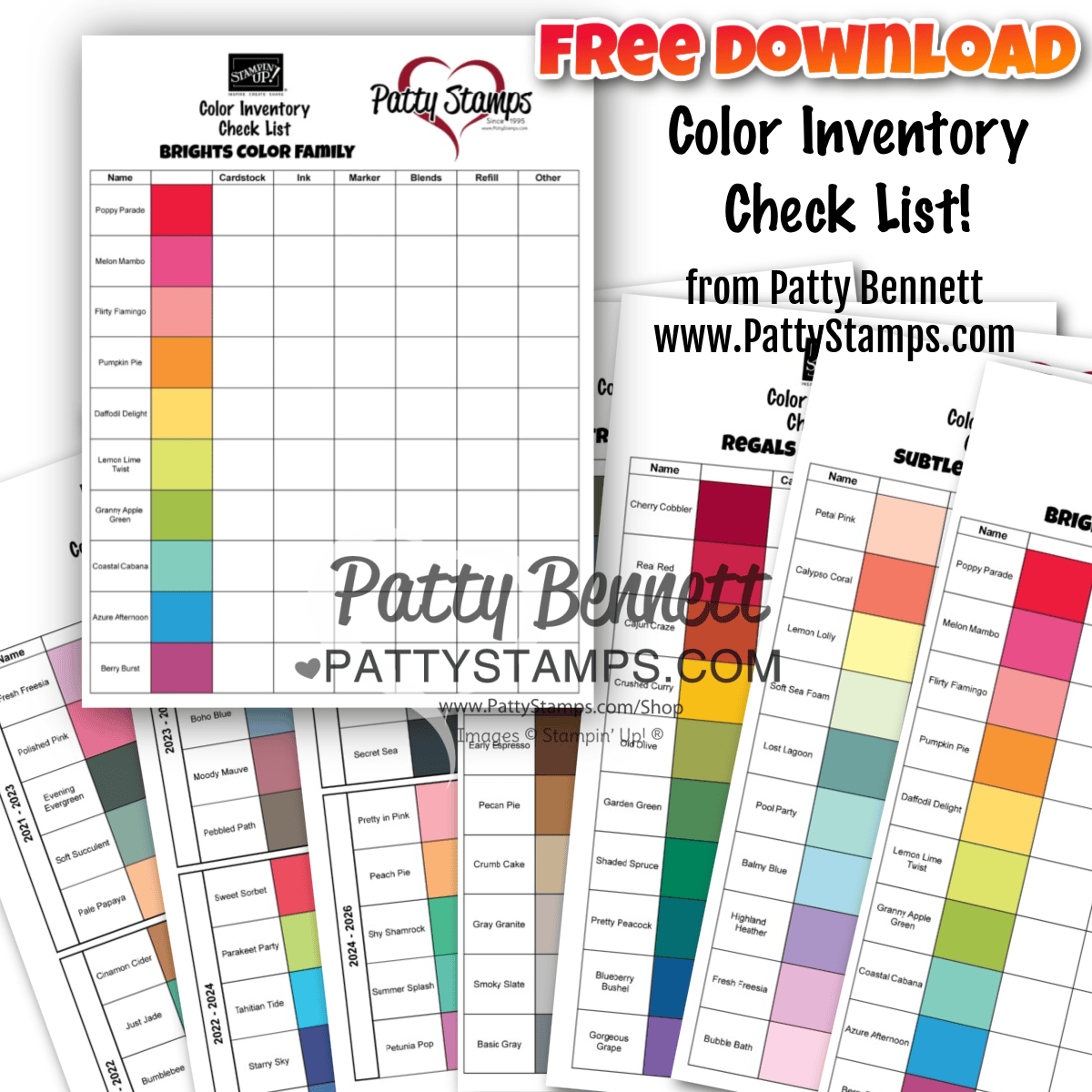 Stampin' Up! Color Inventory Check List for papercrafting supplies in color families. By Patty Bennett
