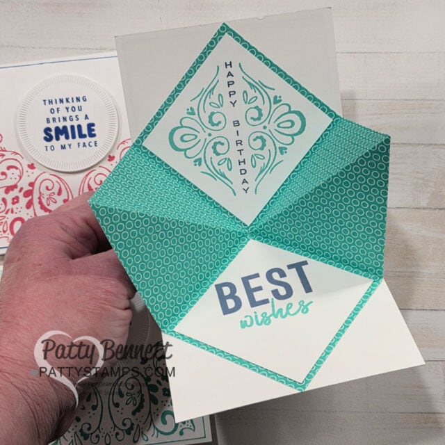 Explosion cards featuring the Tiled Techniques stamp set from Stampin' Up!. #164829 By Patty Bennett