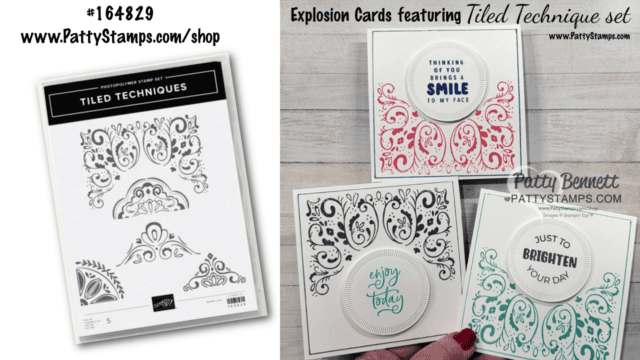 Explosion cards featuring the Tiled Techniques stamp set from Stampin' Up!. #164829 By Patty Bennett