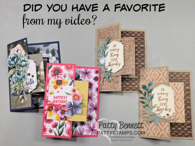 Four handmade cards with floral and Woven Textures designs by pattystamps. Two feature “IN every thing GIVE thanks” using Stampin’ Up leaves, one says “HAPPIEST BIRTHDAY,” and one says “Hello.” Which handmade card is your favorite?. To read more, visit Patty Stamps (pattystamps.com)