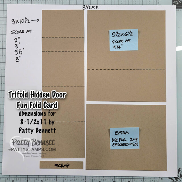 Dimensions and cut lines for a Trifold Hidden Door Fun Fold Card with scoring instructions. Text on the image lists the card type, dimensions, and credits Patty Bennett. To read more, visit Patty Stamps (pattystamps.com)
