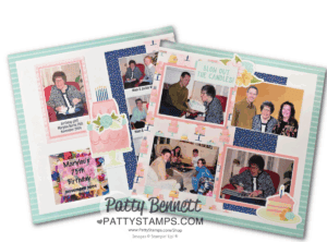 A pastel scrapbook layout features photos of an elderly woman celebrating her 75th birthday in November 2004 with family and friends. Decorative elements include cakes, flowers, and phrases like “Blow out the candles!” on patterned paper borders. To read more, visit Patty Stamps (pattystamps.com)