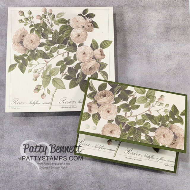 Two handmade greeting cards are shown on a gray surface. Both feature vintage-style illustrations of pale pink roses with green leaves. The larger card is square; the smaller card is rectangular and bordered with olive green. “Patty Bennett” and her website are watermarked. To read more, visit Patty Stamps (pattystamps.com)
