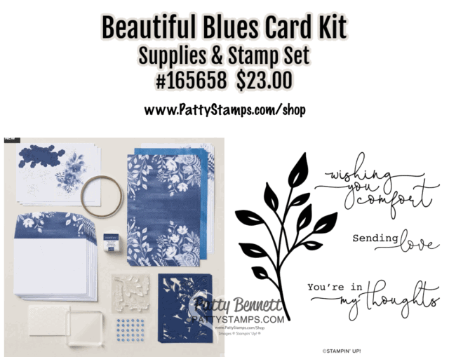A craft kit titled “Beautiful Blues Card Kit” is shown, including patterned papers, envelopes, ribbon, die-cuts, stamps, ink pad, and blocks. To the right are sample black stamp designs: a leafy branch and three phrases about comfort, love, and thoughts. To read more, visit Patty Stamps (pattystamps.com)