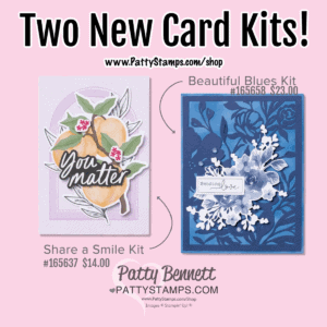 Two handmade card examples: left card has lemons, green leaves, and “You matter” text with pink and purple background. Right card is blue with white floral decorations and “sending love” text. Text above reads, “Two New Card Kits!” with kit names, prices, and website. To read more, visit Patty Stamps (pattystamps.com)