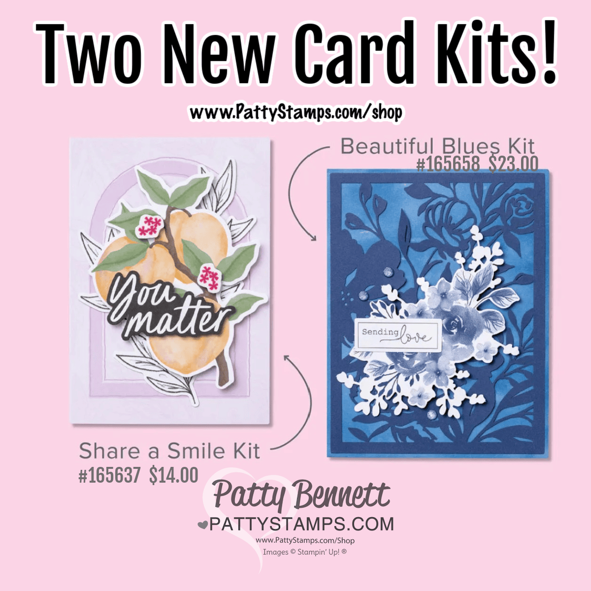 Two handmade card examples: left card has lemons, green leaves, and “You matter” text with pink and purple background. Right card is blue with white floral decorations and “sending love” text. Text above reads, “Two New Card Kits!” with kit names, prices, and website. To read more, visit Patty Stamps (pattystamps.com)