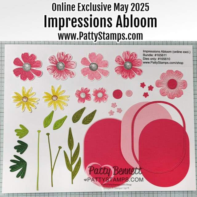A collection of pink and red die-cut flower shapes, green leaves, and two layered red and pink ovals are arranged on a grid background. Text above reads “Online Exclusive May 2025 Impressions Abloom www.PattyStamps.com.”. To read more, visit Patty Stamps (pattystamps.com)
