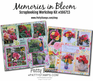 Two colorful scrapbook pages display vibrant garden photos, floral patterns, and journaling cards. The left page features dahlias, labeled “Patty’s Garden," while the right page has vase arrangements, messages, and cheerful “Happy Mother’s Day!” accents. To read more, visit Patty Stamps (pattystamps.com)