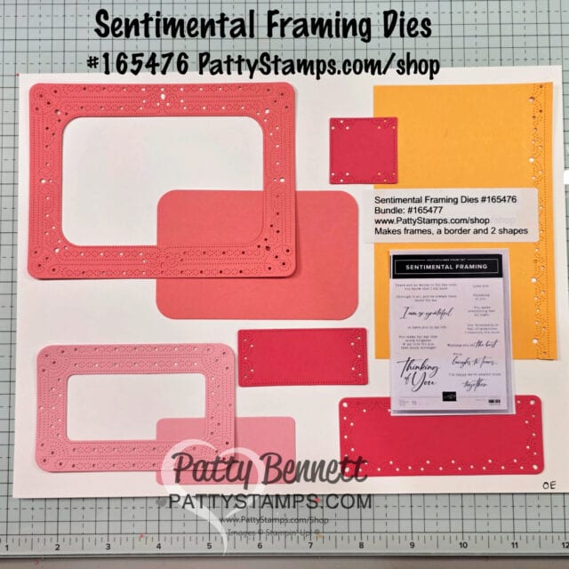 A variety of pink and red rectangular die-cut frames and shapes are arranged on a grid surface with yellow, white, and red cardstock in the background. A product label for "Sentimental Framing Dies" and the PattyStamps.com logo appear on the image. To read more, visit Patty Stamps (pattystamps.com)