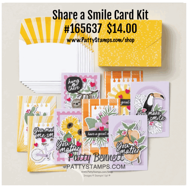 A card kit with yellow-patterned envelopes and colorful cards featuring sunflowers, toucans, rainbows, fruits, and encouraging phrases like “You Matter.” The text reads: “Share a Smile Card Kit #165637 $14.00 www.PattyStamps.com/shop.”. To read more, visit Patty Stamps (pattystamps.com)