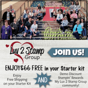 A group of smiling people pose on decorative stairs and in front of a stage in a gathering. Text below reads: "Luv 2 Stamp Group. Join us! Enjoy $66 free in your starter kit. Free shipping, demo discount, Stampin’ Rewards, My Luv 2 Stamp Group community!. To read more, visit Patty Stamps (pattystamps.com)