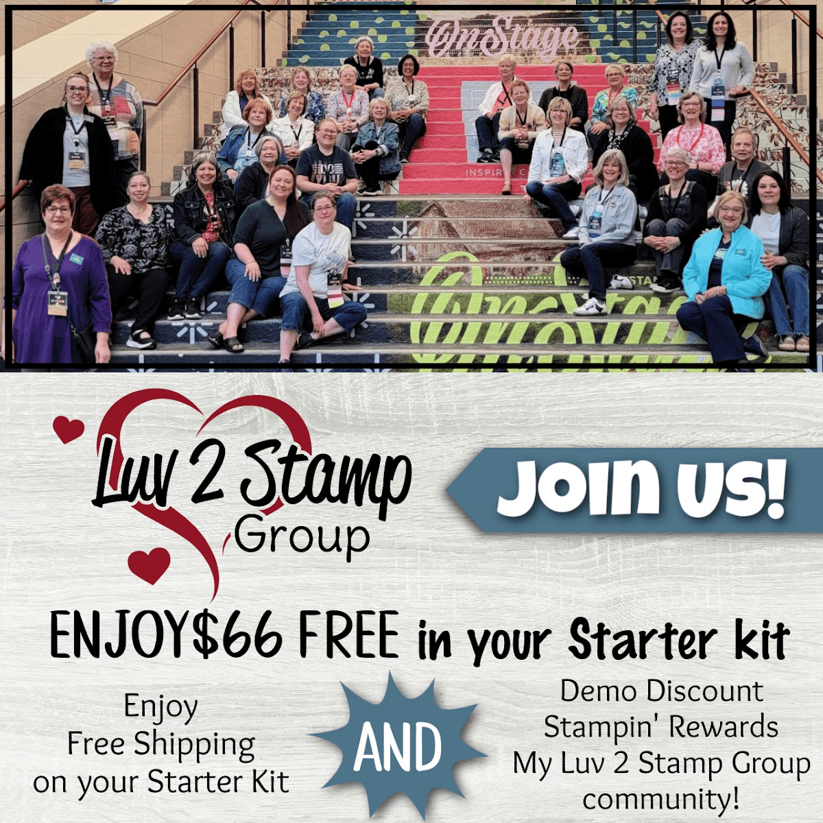 A group of smiling people pose on decorative stairs and in front of a stage in a gathering. Text below reads: "Luv 2 Stamp Group. Join us! Enjoy $66 free in your starter kit. Free shipping, demo discount, Stampin’ Rewards, My Luv 2 Stamp Group community!. To read more, visit Patty Stamps (pattystamps.com)