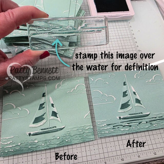 A hand holds a clear acrylic stamp above a blue-green card with embossed sailboats and water. Text reads, “stamp this image over the water for definition.” Two cards are shown: “Before” has plain water; “After” has darker, defined stamped water. To read more, visit Patty Stamps (pattystamps.com)