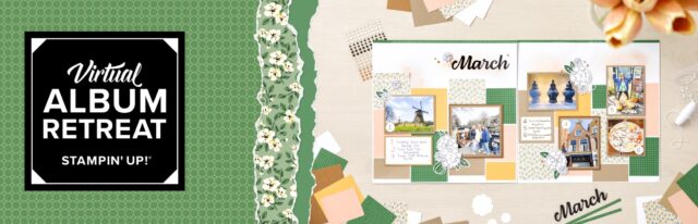 A promotional banner for a "Virtual Album Retreat" by Stampin' Up! features a scrapbook layout for March, with photos, floral embellishments, patterned paper, handwritten notes, and crafting supplies on a light wood surface. Green and peach colors dominate the design. To read more, visit Patty Stamps (pattystamps.com)