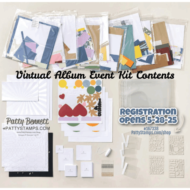 Flat lay of assorted scrapbook kit contents: papers, envelopes, die-cut shapes, blank cards, clear stamps, sticker sheets, embellishments, and small tools. Text reads “Virtual Album Event Kit Contents” and “Registration Opens 5-28-25 PattyStamps.com/shop.”. To read more, visit Patty Stamps (pattystamps.com)