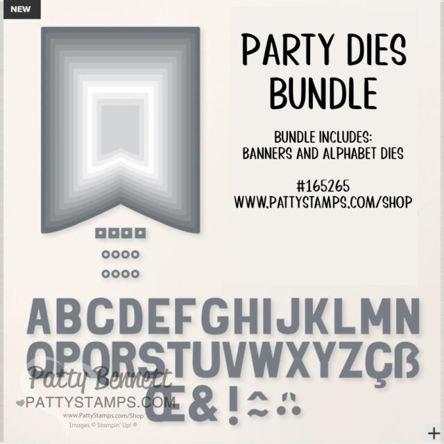 Image shows a product called "Party Dies Bundle" featuring gray metal dies for crafting. At the top are two banner dies with layered edges. Below are uppercase alphabet dies, numbers, and special characters. The website and product info appear on the right. To read more, visit Patty Stamps (pattystamps.com)