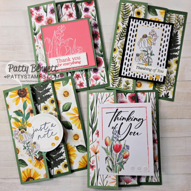 Four handmade greeting cards with green borders, each featuring colorful floral designs and sentimental messages such as "Thank you for everything," "Thinking of You," and "just a note." The background is a light wooden surface. To read more, visit Patty Stamps (pattystamps.com)