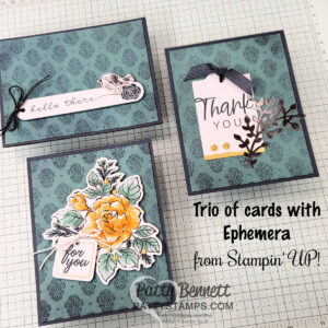 Trio of cards with ephemera from Stampin' Up! handmade greeting cards with teal patterned backgrounds, black borders, and various embellishments such as flowers, branches, and ribbons. Sentiments include "Hello there," "Thank you," and "for you." Text reads: "Trio of cards with Ephemera from Stampin’ Up!. To read more, visit Patty Stamps (pattystamps.com)