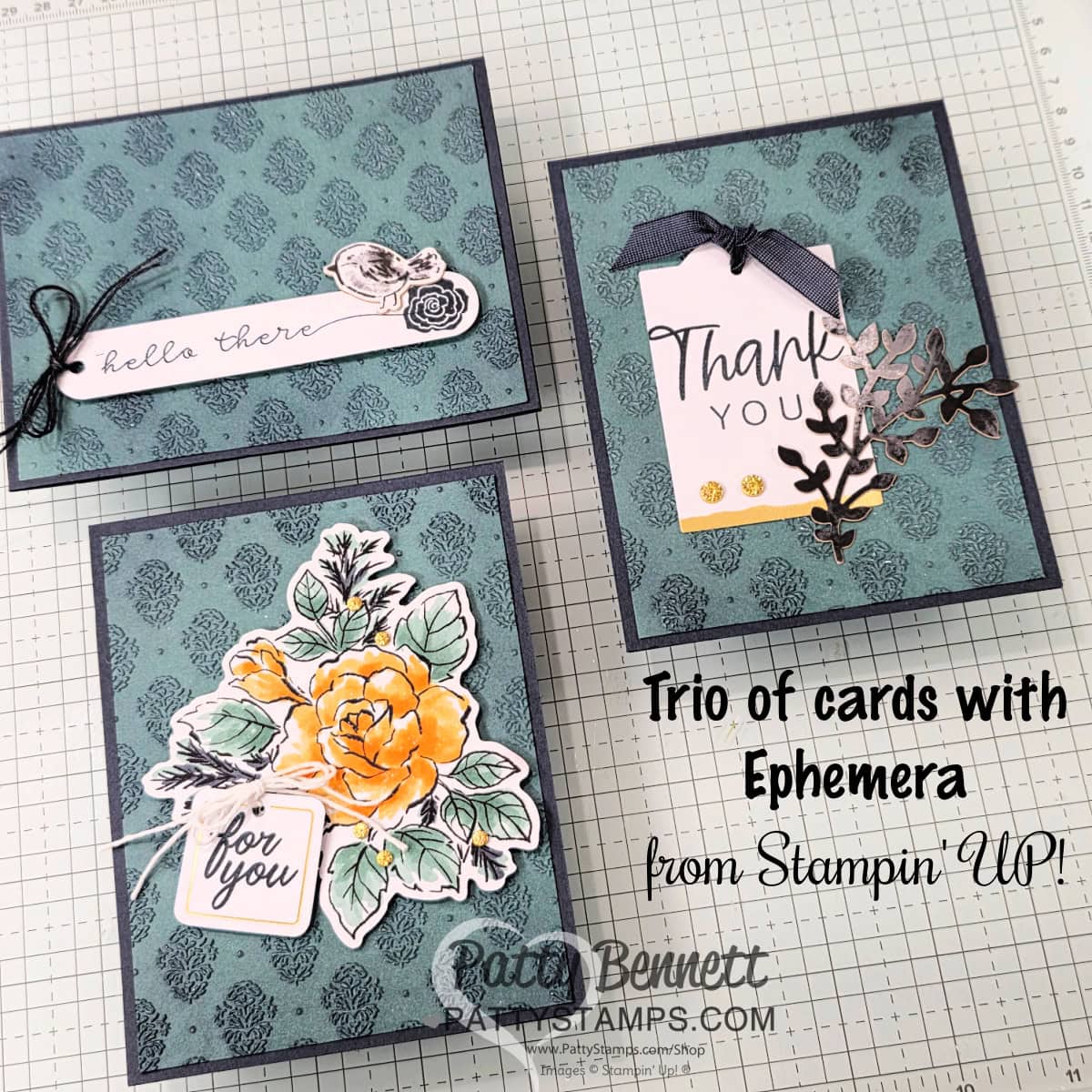Trio of cards with ephemera from Stampin' Up! handmade greeting cards with teal patterned backgrounds, black borders, and various embellishments such as flowers, branches, and ribbons. Sentiments include "Hello there," "Thank you," and "for you." Text reads: "Trio of cards with Ephemera from Stampin’ Up!. To read more, visit Patty Stamps (pattystamps.com)