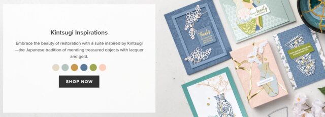 A display of handmade greeting cards decorated with Kintsugi-inspired designs, featuring vases, gold cracks, florals, and geometric patterns in blue, pink, green, and gold tones. To the left, text invites viewers to explore Kintsugi-themed craft supplies. To read more, visit Patty Stamps (pattystamps.com)