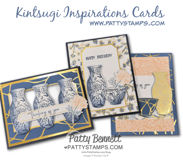 Three handmade greeting cards featuring blue-and-white vases, peach flowers, and gold kintsugi-inspired patterns. Each card has a sentiment (“Thinking of you,” “Happy Birthday”) on layered backgrounds with floral and geometric gold accents. To read more, visit Patty Stamps (pattystamps.com)