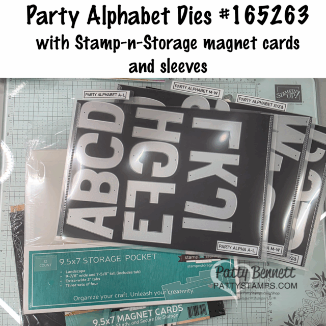 A set of Party Alphabet Dies labeled #165263 is shown organized on black Stamp-n-Storage magnet cards in clear plastic sleeves. A green 9.5x7 storage pocket label and craft grid paper are also visible in the background. To read more, visit Patty Stamps (pattystamps.com)