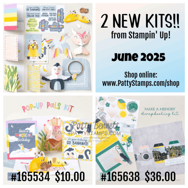 2 June 2025 Papercrafting kits: A promotional collage for Stampin’ Up! shows two craft kits for June 2025. Top: animal pop-up greeting cards and supplies. Bottom left: pop-up pals kit ($10). Bottom right: scrapbook kit with camera and plant themes ($36). Website and item numbers are included. To read more, visit Patty Stamps (pattystamps.com)