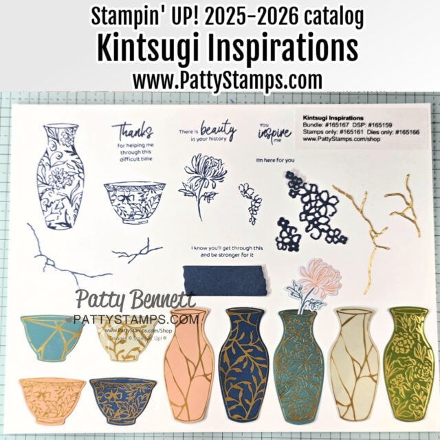 A selection of decorative stamps, dies, and cutouts inspired by kintsugi art, including vases with gold line patterns, floral motifs, and sentiment stamps, displayed on a white background with "Kintsugi Inspirations" branding from the Stampin’ UP! 2025–2026 catalog. To read more, visit Patty Stamps (pattystamps.com)