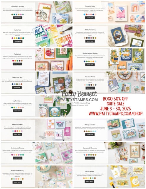 A grid of handmade greeting cards arranged by theme, each with a photo, title, and description. Large text at the center and bottom right reads: “Patty Bennett PattyStamps.com BOGO 50% off Quite Sale June 3 – 30, 2025 WWW.PATTYSTAMPS.COM/SHOP.”. To read more, visit Patty Stamps (pattystamps.com)