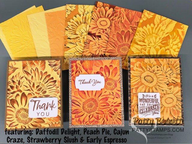 Several sunflower-themed cards and embossed papers in yellow, orange, and brown shades are arranged together. The cards feature sunflowers, “Thank you,” and celebratory messages. The text below lists the colors and PattyStamps.com is credited in the corner. To read more, visit Patty Stamps (pattystamps.com)