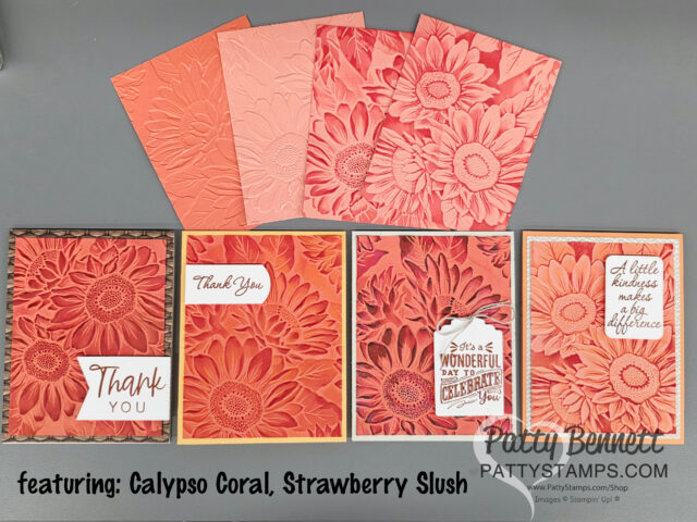 Four handmade greeting cards feature embossed floral patterns in warm shades of Calypso Coral and Strawberry Slush. Each card has a unique design and sentiment, such as “Thank You” and “A little kindness makes a big difference.”. To read more, visit Patty Stamps (pattystamps.com)