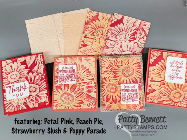 Sunflower Embossing Folder Card ideas. Four handmade greeting cards with large, detailed sunflower designs in shades of pink, peach, and red are displayed with embossed floral envelopes. Text reads: “featuring: Petal Pink, Peach Pie, Strawberry Slush & Poppy Parade.”. To read more, visit Patty Stamps (pattystamps.com)