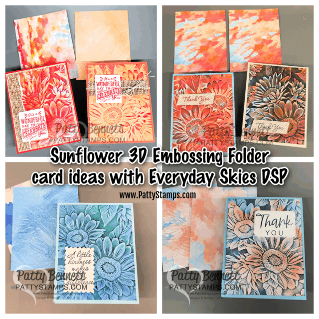 Four handmade cards with sunflower embossing and thank you messages are displayed on colorful, textured backgrounds in orange, blue, and peach tones. The cards use floral patterns and deep embossing for a 3D effect. Text: “Sunflower 3D Embossing Folder card ideas with Everyday Skies DSP.”. To read more, visit Patty Stamps (pattystamps.com)