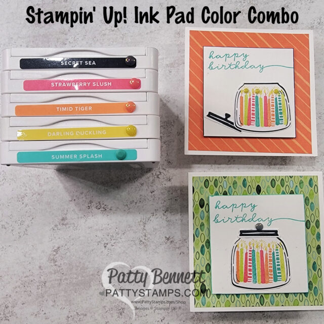 Five stacked Stampin’ Up! ink pads labeled Secret Sea, Strawberry Slush, Timid Tiger, Darling Duckling, and Summer Splash are on the left. Two handmade birthday cards featuring a mason jar of colorful candles are on the right, each with a patterned background. To read more, visit Patty Stamps (pattystamps.com)