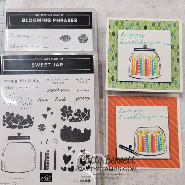 Two photopolymer stamp sets labeled “Blooming Phrases” and “Sweet Jar” are shown beside two handmade cards. Each card features a jar filled with colorful birthday candles and the words “happy birthday” on patterned backgrounds. To read more, visit Patty Stamps (pattystamps.com)