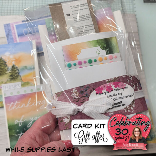 A hand holds a clear-wrapped card kit with colorful cards, envelopes, and embellishments inside. A sticker reads “Thank you for helping me celebrate my Stampin’ Up! anniversary! Patty Bennett.” Text below says “Card Kit Gift Offer—Celebrating 30 years! While supplies last.”. To read more, visit Patty Stamps (pattystamps.com)