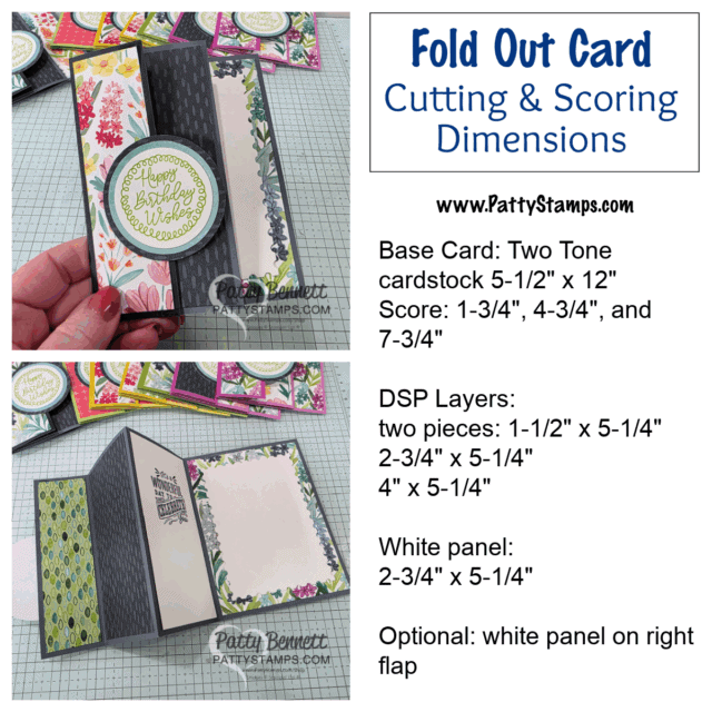 Use Two Tone Cardstock for fun folds! Two photos show a handmade “Fold Out Card” with floral paper layers, a “Happy Birthday Wishes” circle, and fold-out panels. Text lists cutting and scoring dimensions for the base card, DSP layers, and white panels, with “Cutting & Scoring Dimensions” in a blue box. To read more, visit Patty Stamps (pattystamps.com)